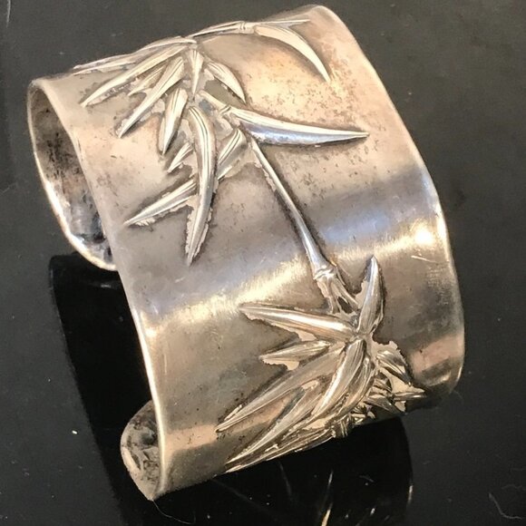 Wing Hang Jewelry - Rare Chinese Sterling Silver Cuff Bracelet Wing Hang Antique Chinese Bamboo 925